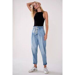 Free People Margate Paperbag Waist Pleated Denim Trouser M EUC